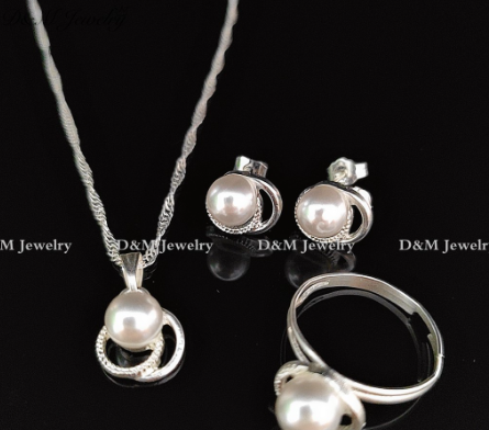 D&M Jewelry 925 Silver 3in1 Pearl Set Earrings Necklace Ring Size Adjustable For Women