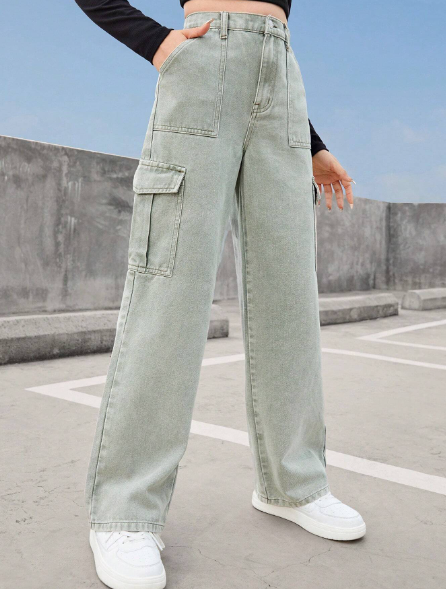 SHEIN Teen Girl Y2K Flap Pocket Side Cargo Jeans,High Wasited Wide Leg Green Summer Denim Pants