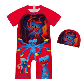 Poppy Playtime Huggy Wuggy Swimwear One Piece with Hat Children's Swimsuit Print Swimming Bathing Suit for Kids Boys Girls