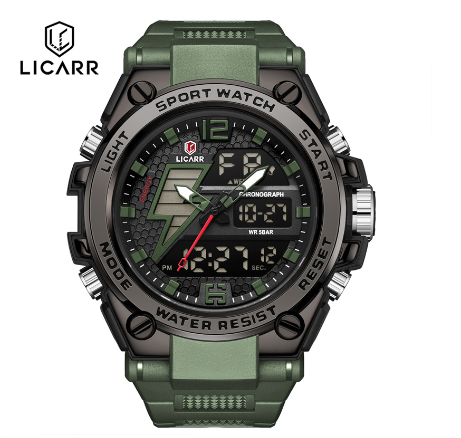 LICARR Brand Men's Watches Original Analog Digital Fashion Casual Sports Men's Watch Stopwatch Waterproof Date Alarm 9513 ARMY GREEN