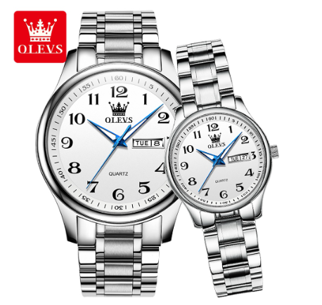 Olevs Couple Watch Quartz Waterproof Calendar Digital Dial Stainless Steel Strap Watch WHITE DIAL SILVER CASE STRAP