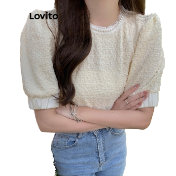 Lovito Women Casual Plain Pearls Jacquard Blouse LNE41318