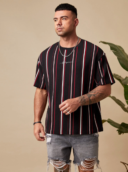 Manfinity Homme Men Plus Block Striped & Letter Graphic Tee