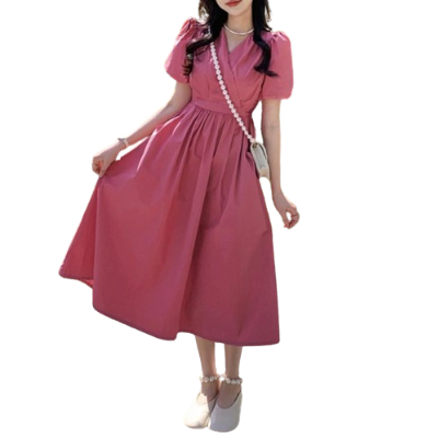 Lovito Casual Plain Pocket Puff Sleeve V Neck Short Sleeves A-Line Maxi Dress for Women LNE11190 (Pink)