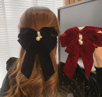 Retro Velvet Big Bow Hairpin Women's Hair Accessories Rhinestone Pearl Headdress New Ponytail Hairclip Shiny Bow Hairpin