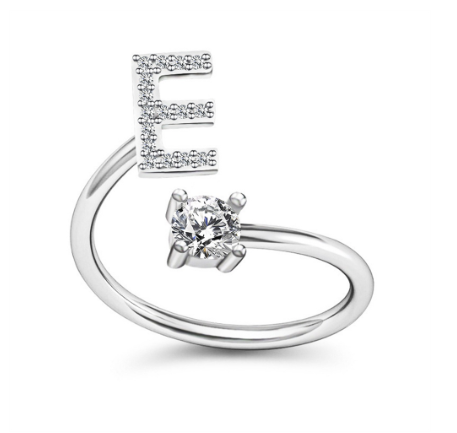 Simple Rhinestone 26 Letter Rings For Women Sliver Color Initials Adjustable Ring Opening Finger Accessories Wedding Jewelry E