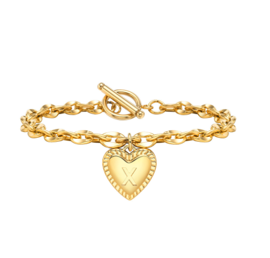Vnox A-Z Letter Heart Charms Bracelet for Women Girl 18K Gold Elegent Love Stainless Steel Link Chain Initial Jewelry Birthday Present X