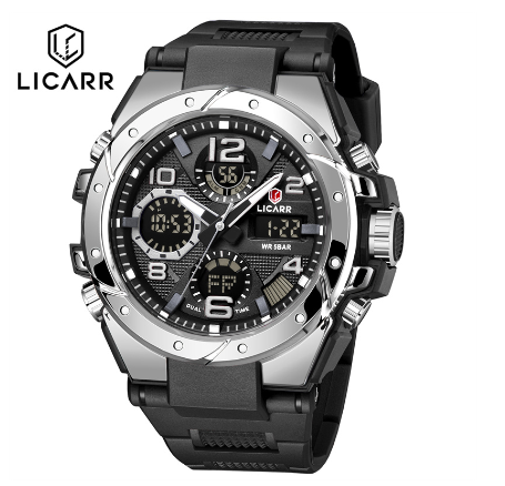 LICARR Brand Casual Men's Watches Original Waterproof Military Sport Men Watch Fashion Chrono Date Week Alarm Clock 9515 SILVER BLACK