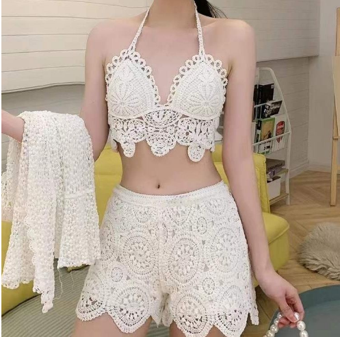 New Beach Wear Outfit Vacation Swimsuit Set Bikini Knitted Swimwear Crochet Top for Women With Pad