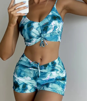 New Style European American Sexy Tie-Dye Split Swimsuit Drawstring Two-Piece High Waist Women