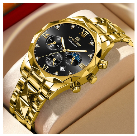 VA VA VOOM Men's Watch Stainless Steel Sports Multifunctional Clock Blue Gradual Gold Rhinestone Business Quartz Watch GOLD BLACK