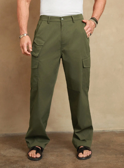 Men Casual Solid Color Straight Cargo Pants