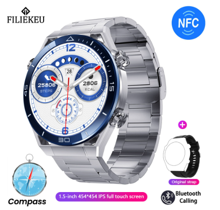 FILIEKEU Watch Ultimate GPS compass smart watch bluetooth call waterproof sports fitness ECG smart watch SILVER BLUE STEEL B