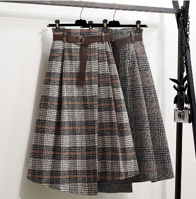 Woolen Plaid Irregular Swing Skirt Spring and Autumn New Vintage Skirt Versatile High Waist Slimming Midi Skirt Women