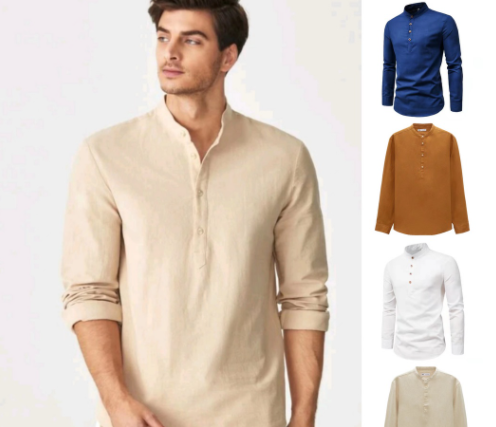 JL Classic x Huilishi Long Sleeves Chinese Collar Polo For Men Half Buttons Plain