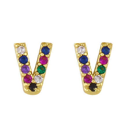 New European and American Fashion Gold 26 Letters Colorful Zircon Alphabet Stud Earrings Women Jewelry Gifts V