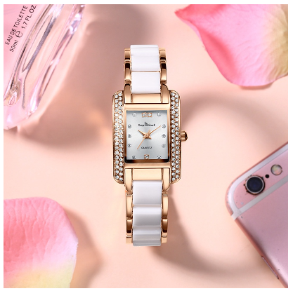 Women's Square Watch Ceramic Diamond Waterproof Quartz