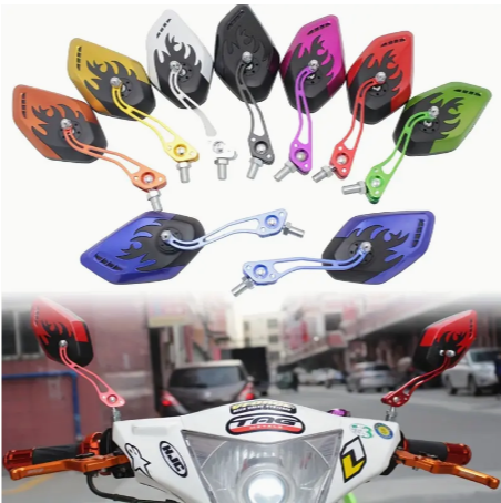 Motorcycle Mirror, Adjustable Aluminum Handlebar Rear View Side Mirrors Flame Pattern Motorbike Scooter 10mm 8mm Universal