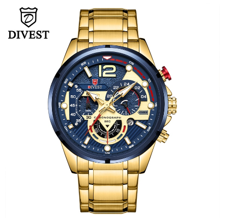 DIVEST Luxury Brand Men's Watches Original Fashion Chronograph Luminous Business Men Watch Casual Sport Waterproof Watch GOLD BLUE