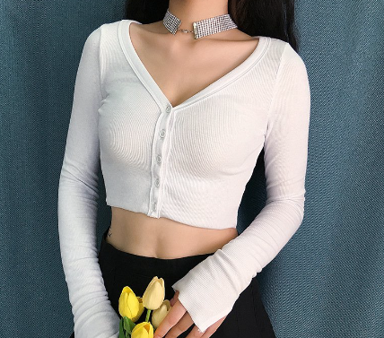 Women Casual V-Neck Long Sleeve Button Cropped Tshirt