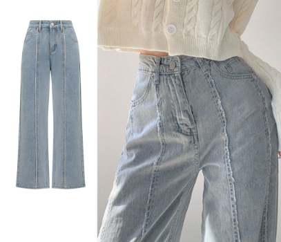 Lovito Women Casual Plain Raw Hem Washed Structure Line Jeans L65ED091 Light Blue