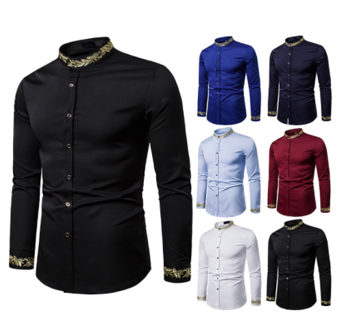 Black Gold Embroidery Shirt Men Spring New Mens Dress Shirts Stand Collar Button Up Shirts