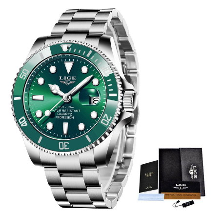 LIGE Men's Watch Stainless Steel Relo For Male Business Watches Waterproof Unisex WristWatch SILVER GREEN
