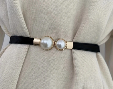 Lovito Women Elegant Plain Pearls Decorate Retro Versatile Belt LFA13702
