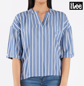 Stylistic Mr. Lee Ladies Basic Woven Striped 3/4 Sleeve Blouse for Women Loose Fit 128470 Blue