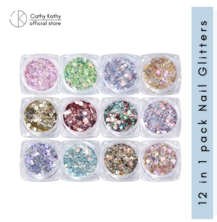 Cathy Kathy 12 Designs per Pack Nail Glitters Nail Art Design Glitter Pack Assorted Color per Pack