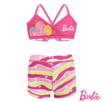 Barbie Triangle Bikini Top Boyleg Botttom Set with Sublimation Print Girls Kids Swimwear