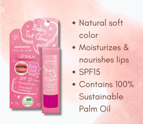 WATSONS Baby Tint Glow Lip Balm Rosy Pink SPF15 3.9g