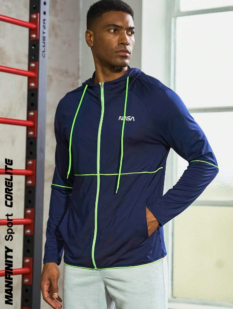 Manfinity Sport Corelite Men Letter Graphic Contrast Piping Drawstring Hooded Sports Jacket Workout Tops