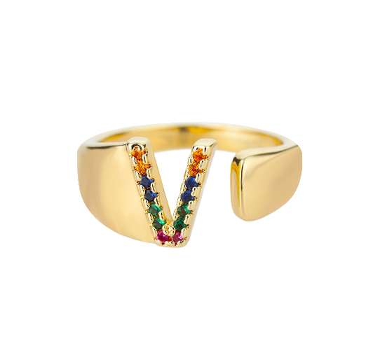 Maxzone Fashion Colorful Chunky Wide Letter A-Z Rings For Women Gold Opening Initial Letter Ring Femme Wedding Party Jewelry V