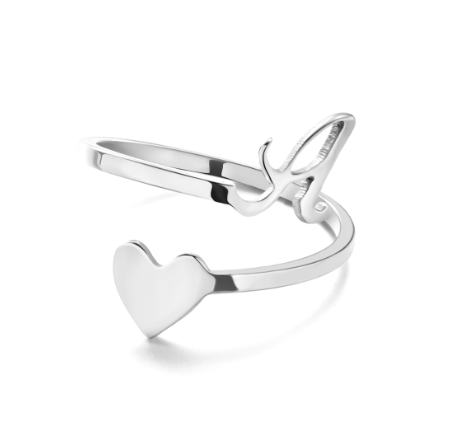 Silver Stainless Steel A-Z Rings Initial Letters Heart Rings Women Fashion Non Fading Jewelry Adjustable A