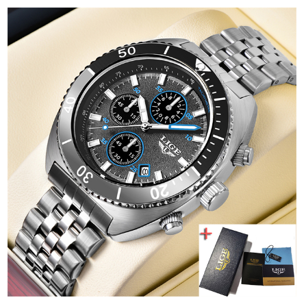 LIGE Dial Diameter Watch Fashion Men Waterproof Watches Stainless Steel Sport Chronograph Quartz Brand WristWatch BLACK GRAY