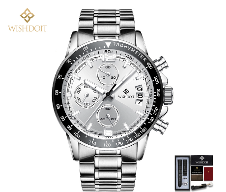 WISHDOIT Watch For Men Original Waterproof Stainless Steel Silver Metal Wristwatch Multifunction Calendar Luminous Watch SILVER WHITE
