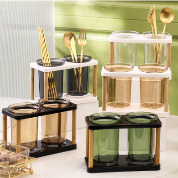 Wooden Stand Utensils Drainer Holder Simple Kitchen Storage Rack Chopsticks Transparent IP