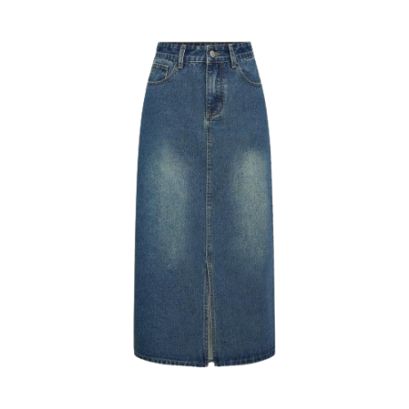 Lovito Women Casual Plain Washed Split Midi Denim Skirt L39AD079 (Blue)