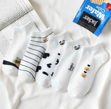 R&O Korean Fashion 5 Pair Set White Bear Cow Casual Cotton Socks #SKS005