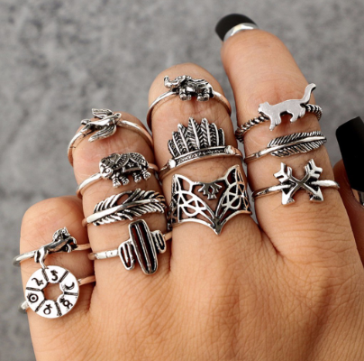 12pcs/Set Leaf Fox Elephant Knuckle Midi Stacking Carved Ring Punk Jewelry