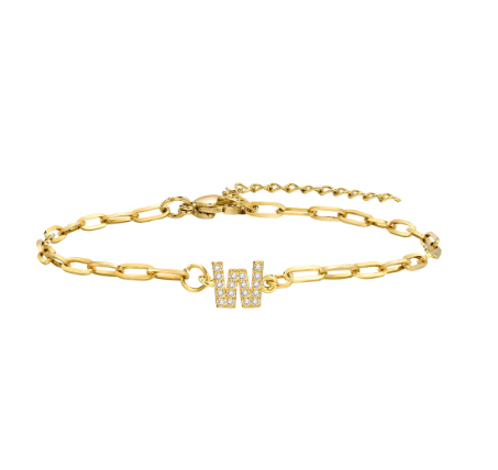 Vnox 18K Gold Zircon Initial Bracelet,Letter Charm Link Stainless Steel Flat Cross Bracelet W