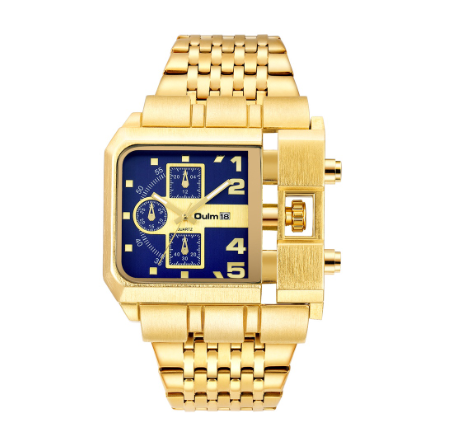 Oulm Gold Large Dial Men's Watch Calendar Steel Band Quartz Business Watch BLUE