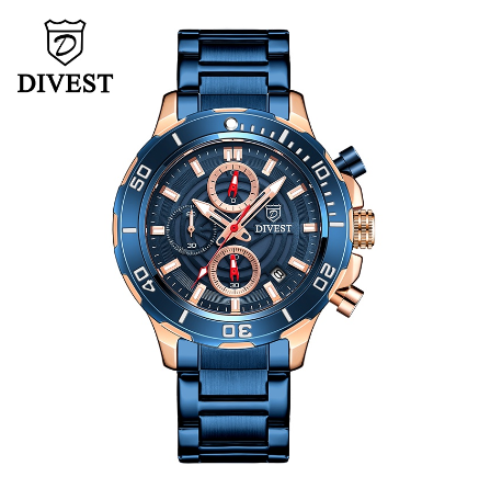 DIVEST Waterproof Watch Men Brand Business Fashion Casual Quartz Original Men's Watches Calendar Luminous 9012 ROSEGOLD BLUE