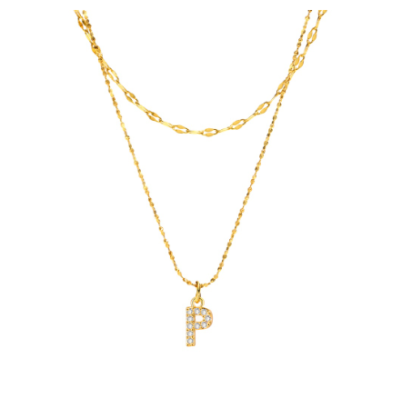 Vnox Double Layered Letter Initial Pendant Necklace,Gold Plated Shiny Zircon Alphabet Charm Necklace for Women P