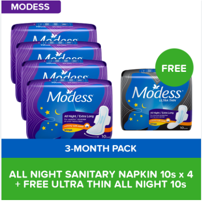 Modess 3Month Pack (Overnights): All Night Sanitary Napkins 10s x 4 + Free Ultra Thin All Night 10s