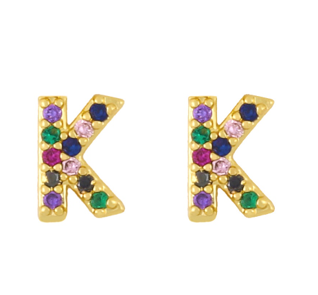 New European and American Fashion Gold 26 Letters Colorful Zircon Alphabet Stud Earrings Women Jewelry Gifts K