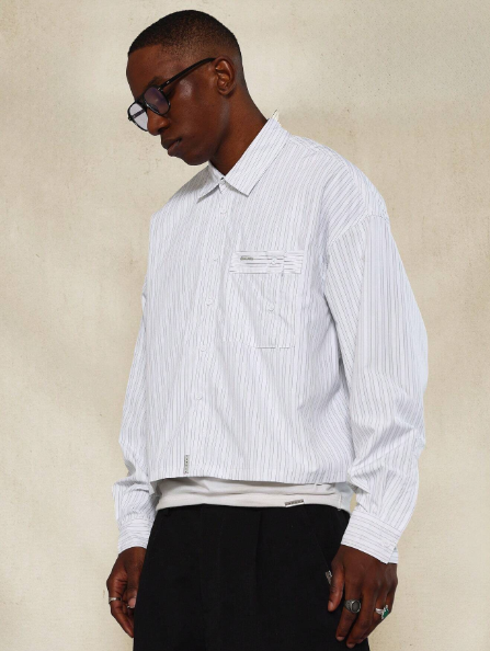 SUMWON Crop Fit Long Sleeve Stripe Shirt With Pocket