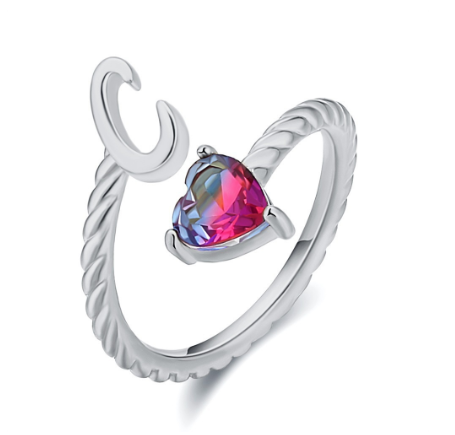 Letter Ring 925 Silver 26 Letters A-Z Initial Ring Open Gradient Zircon Ring for Women Jewelry Gift C