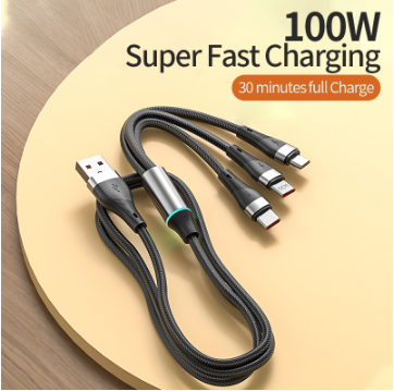 KAXOE 100W Super Fast Charger Cable 6A 3 in 1 Charger Cable Micro Usb / Type-C / For iP Cable